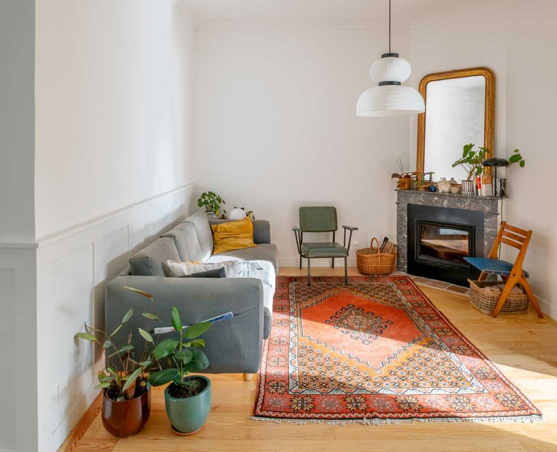 Salon chaleureux de l'échoppe borderlais avec insert bois