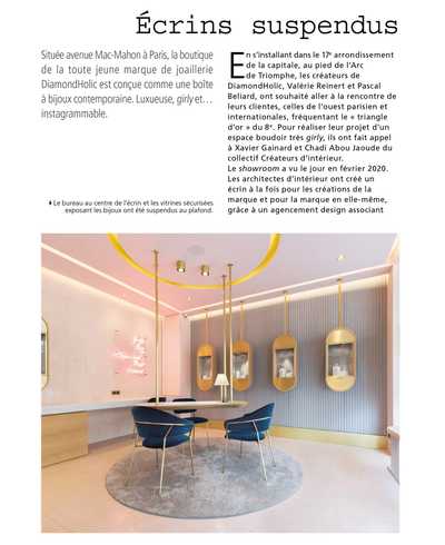 Article du magazine Woodsurfer sur l'aménagement intérieur d'une bijouterie par un architecte d'intérieur