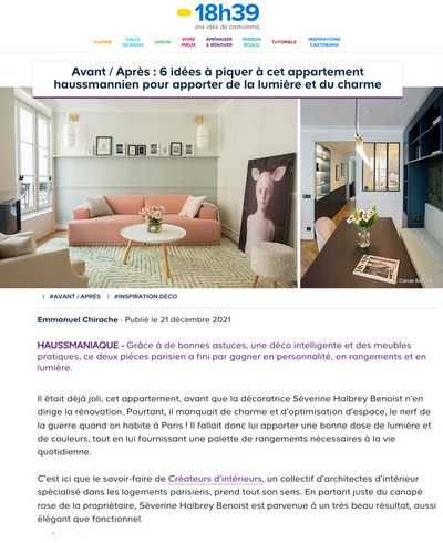 Article du site 18h39 sur la rénovation d'un appartement haussmannien par un architecte d'intérieur rville