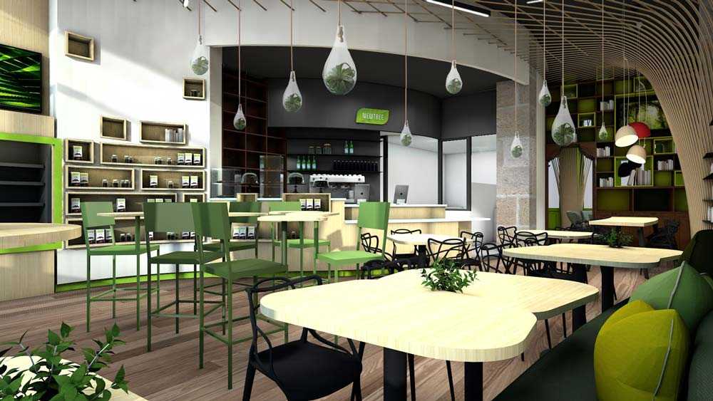 Vue 3D de l'aménagement interieur d'un coffee shop