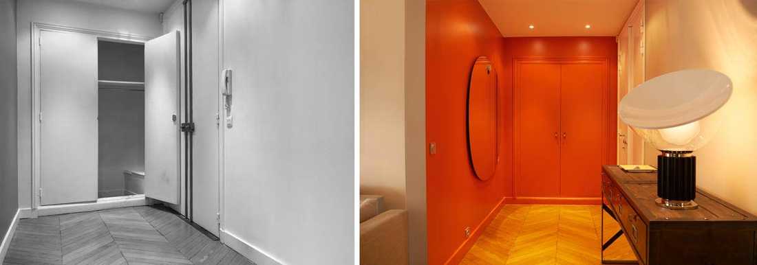 Entrée de l'appartement avec les murs de couleurs rouge et un choix de décoration de taille XXL