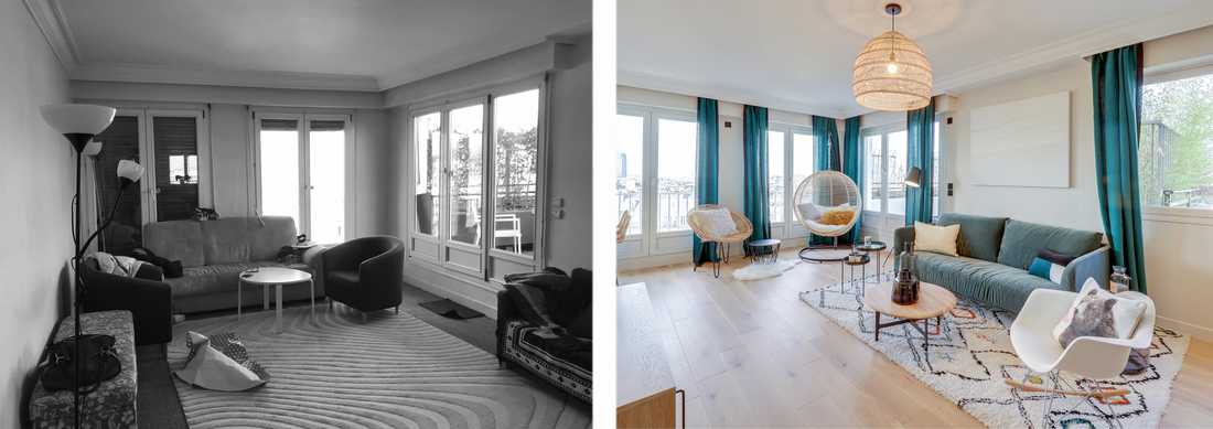 Avant - après : Aménagement du salon d'un appartement des années 60 par un architecte d'intérieur à Bordeaux