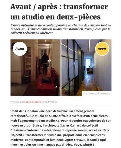 Article Déco.fr - Transformer un studio en appartement 2 pièces